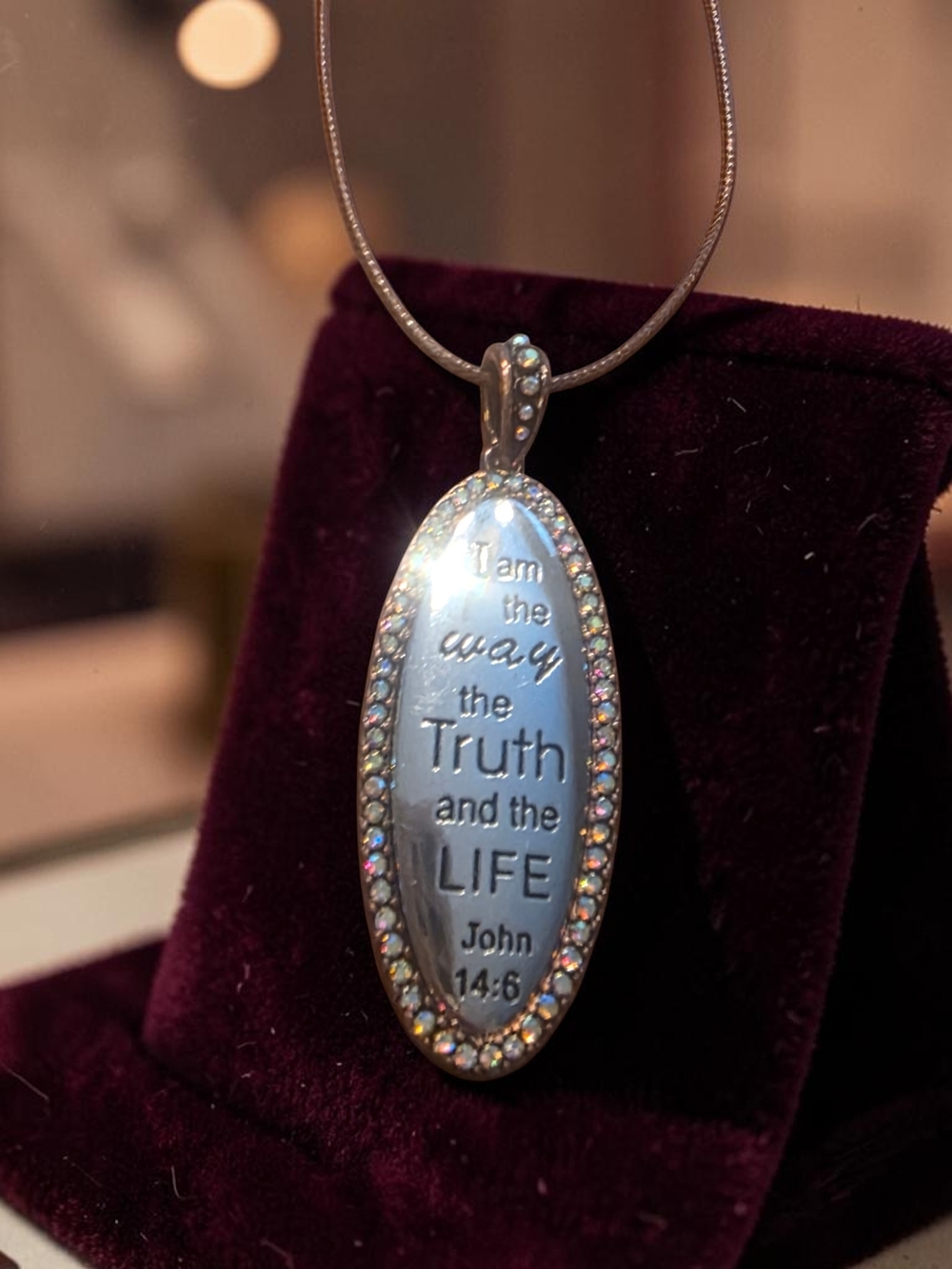 Silver John 14:6 Scripture Crystal Oval Necklace